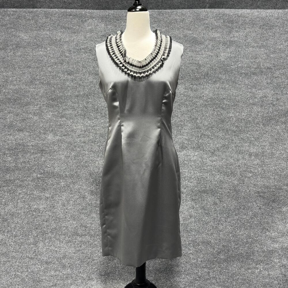 Renlyn Collection Dress Womens 10 Gray Sleeveless Sheath Pleated Neck Made USA